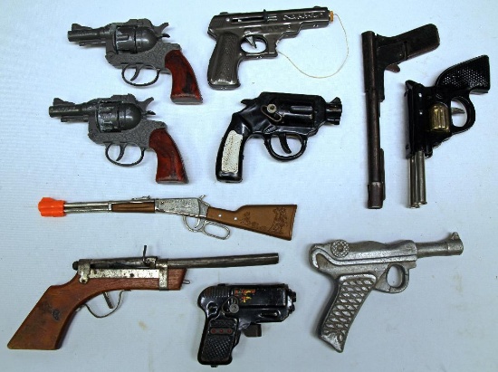 Mixed Lot of 10 Toy Guns and Cap Guns - Metal Wind-up Toy Guns, Cork Guns, Rubber Band Gun, Lever