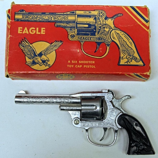 Kilgore Eagle Toy Disc Cap Gun Six Shooter Toy Cap Pistol, Unused w/Original Box, Box has some