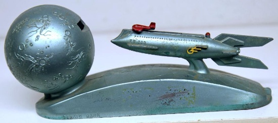 Metal Mechanical Toy Bank "Strato Bank" Made by Duro Mold and Mfg. Inc., Space Ship Shoots Coins