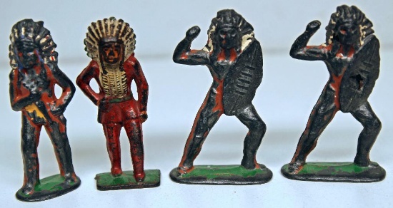 (4) Barclay or Manoil Toy Indians - 3 Poor Paint, 1 Defect on Shield