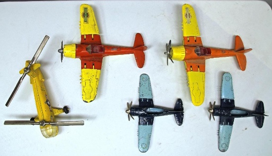 Mixed Lot Hubley Kiddie Toy Airplanes and Helicopter - Helicopter Repainted, Small Blue Toys Missing