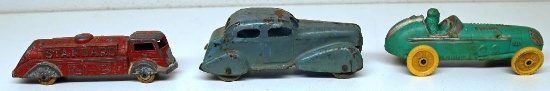 (3) Old Toy Cars - Tootsie Toy Standard Oil Tanker, Wyandotte Car Missing Grill, Auburn Hard Rubber