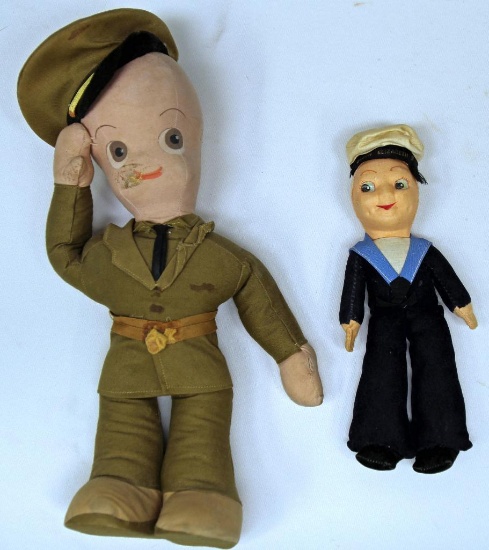 (2) WWII Cloth Soldier Dolls - Largest One U.S. Army, Smaller One English Navy