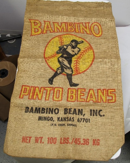Bambino Pinto Beans Bambino Bean, Inc. Mingo, Kansas 100 lb. Burlap Bag w/Graphic of Babe Ruth
