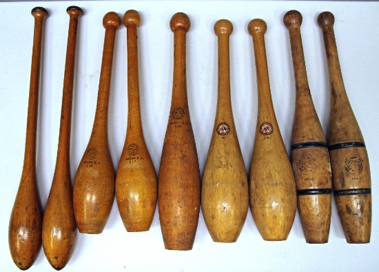(9) Vintage Wooden Exercise Pins - (4) are Pairs - (3) Prs. have Different Spalding Markings