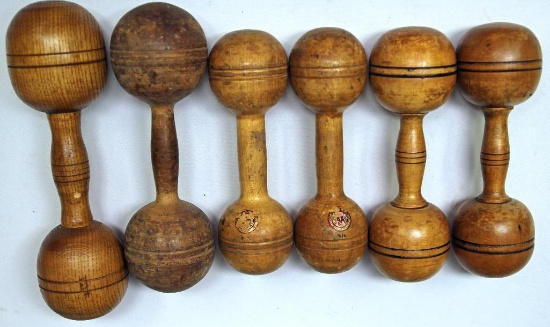 (6) Vintage Wooden Barbell Weights