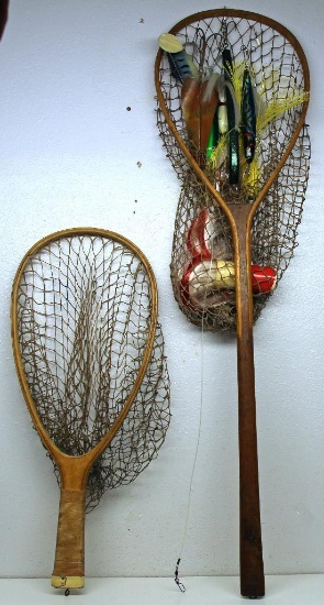 Vintage Fishing Wooden Landing Net Decorated w/Large Lures and Vintage Wooden Trout Fishing Landing