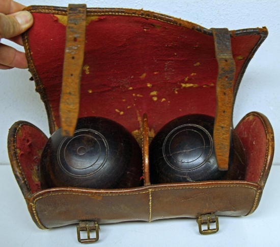 Antique Pair Walnut Wood Lawn Bowling Balls in Leather Case