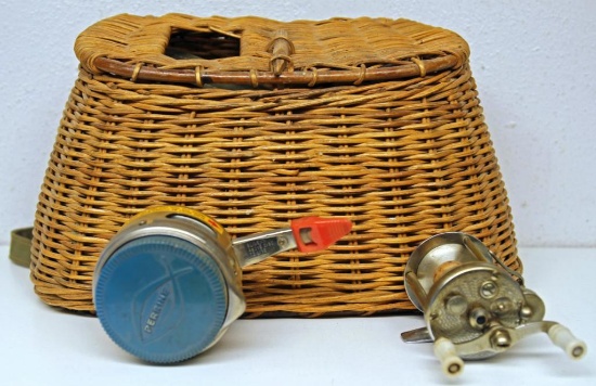 Vintage Wicker Fishing Creel w/Pflueger Summit Vintage Fishing Reel and Perrine Automatic Fly Reel