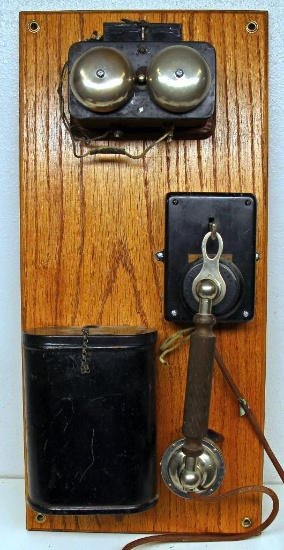 Antique Kellogg Telephone, Ringer Box and Battery Box Mounted on Oak Display Board