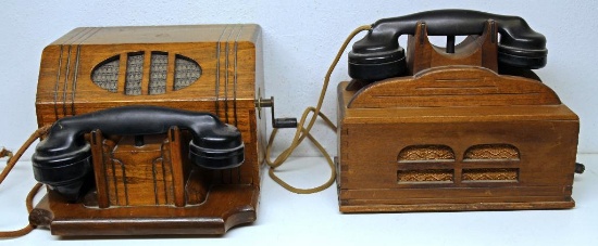 (2) Antique Speaker Box Table Top Telephones, Receivers Marked Leich