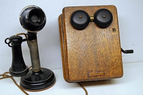 Antique Kellogg Candlestick Telephone w/Oak Wall Mount Ringer Box