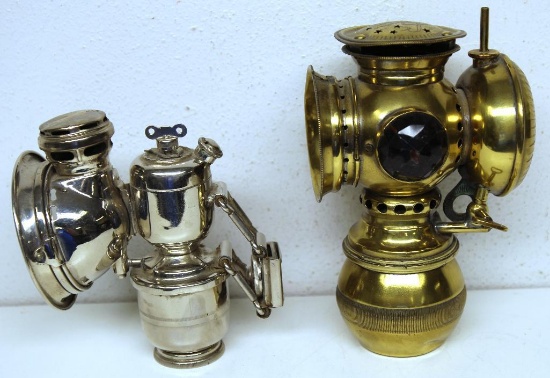 (2) Antique Bicycle Lamps - (1) English, (1) The Badger Brass Mfg. Co. Marked "Solar", has Damage to