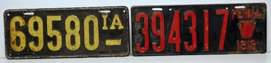 (2) Antique Automobile License Plates - Pennsylvania 1919, Early Iowa