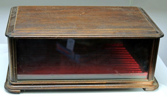 Glass Front Walnut Showcase, 22" Wide, 13" Deep, 8 1/2" High, Opens from Top
