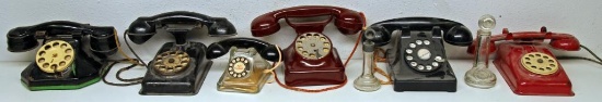 Lot of (5) Vintage Toy Telephones and (3) Telephone Glass Candy Containers