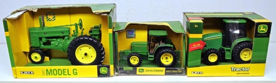 (3) Ertl Die Cast Toy John Deere Tractors - 1/16 Scale 1947 Model G, 1/32 Scale 6410, Battery-Op