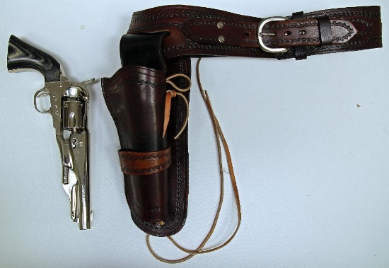 Italian Made Black Powder .36 Cal. Revolver, Nickel Finish Leather Cartridge Belt and Holster Like