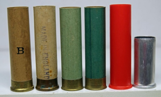 (6) 4 Ga. Empty Collectible Shotshells - (2) Gevelot Paris, (1) U.P.&S., (1) NV, (1) Metal w/No