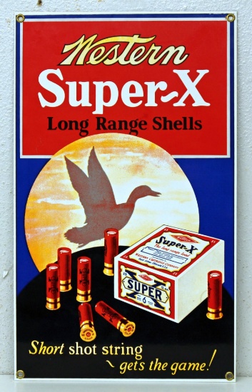 9" x 14 1/2" New Old Stock Porcelain Advertising Sign Western Super-X Shotgun Shells
