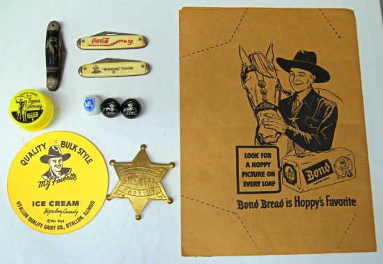 Mixed Lot Coca-Cola Knife and Hopalong Cassidy Collectibles - Book Cover, Ice Cream Tag, Night