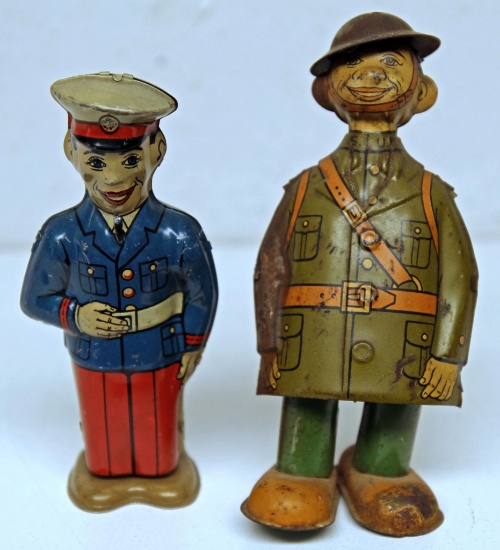 J. Chein Tin Wind-up Toy Soldier, Works and Tin Wind-up Toy U.S. Soldier, Unmarked, Works