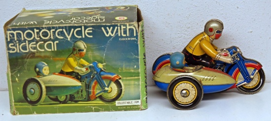 Tin Wind-up Toy Motorcycle w/Side Car, Made in China, Original Box, Works