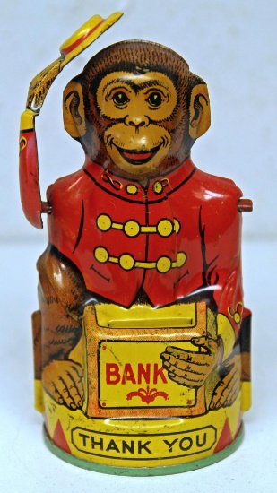 J. Chein Tin Toy Bank Monkey Hat Tipper