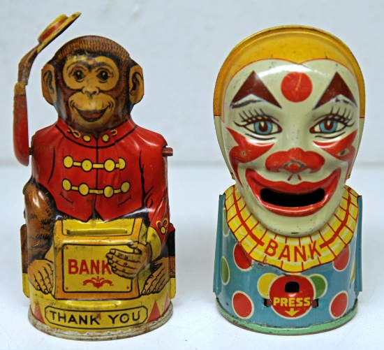 J. Chein Tin Toy Monkey Hat Nodder Bank and J. Chein Tin Toy Clown Bank, Missing Lever and Plug