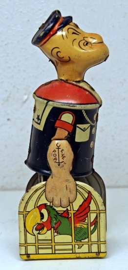 Marx Popeye with Parrots Tin Wind-up Toy, (1) Missing Pipe, Works