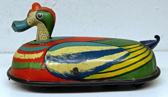Colorful Tin Litho Wind-up Toy Duck, 9" Long, No ID Markings, Possibly German, Works