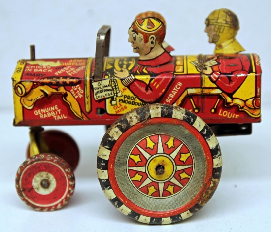 Marx Tin Wind-up Toy College Boys Crazy Car, Missing One Rider in Back Seat, Rear Wheels Loose on