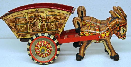 Marx Two Mule Cart, No Driver, Tin Wind-up Toy, Works