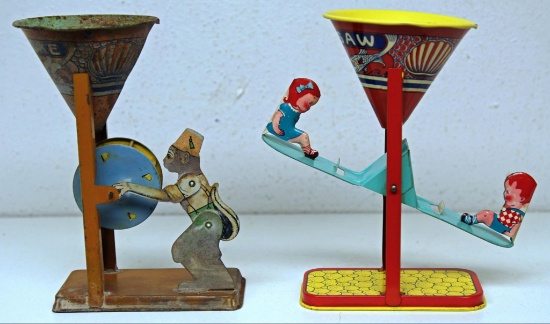 (2) Different J. Chein Water Funnel Tin LItho Toys, (1) Bossy Mike the Monkey, (1) Seesaw