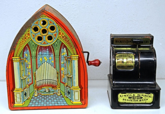 J. Chein Tin Litho Toy Organ Grinder, Works, and Toy Uncle Sam Register Bank