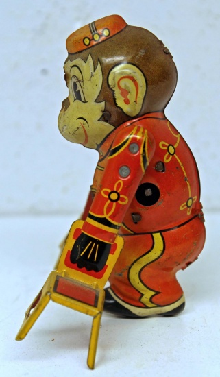 Marx Tin Wind-up Toy Tumbling Monkey with 2 Chairs, Missing Key