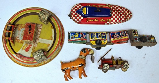 Mixed Box Lot of Tin Toys Marx Disneyland Express Wind-up Train, Damage to Train Cars, Wind-up