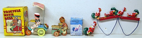 Mixed Lot of Made in China Tin Toys, Works Tin Toy Wind-up Rooster in Box Tricycle w/Bell in Box Boy