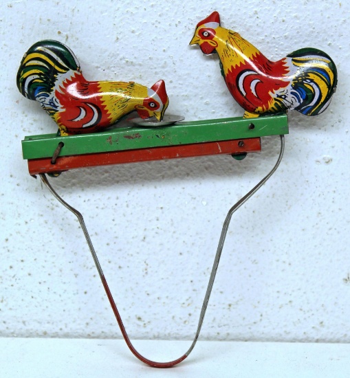 Vintage Tin Hand Squeeze Toy Roosters