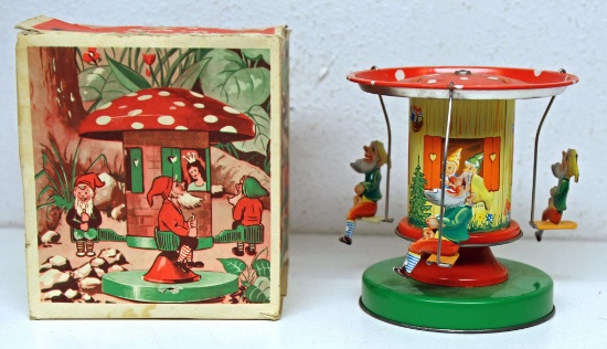 Tin Wind-up Toy Schopper Made in Western Germany Gnomes on Swings, Works, Original Box