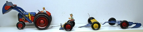 Marx Pressed Steel Toy Tractor w/Loader and Driver - Has baling wire connecting the bucket to the