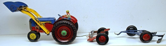 Marx Pressed Steel Toy Tractor and Loader w/Driver, Three Row Plow and Hay Sickle