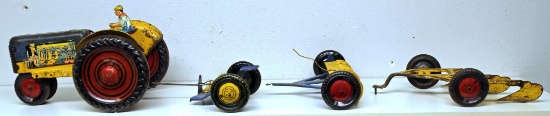 Marx Pressed Steel Toy Tractor w/Driver (No Loader), Hay Sickle, Hay Rake and Three Row Plow