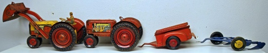 Marx Pressed Steel Toy Tractor and Loader w/Driver, Tractor w/No Loader or Driver, Three Row Plow,