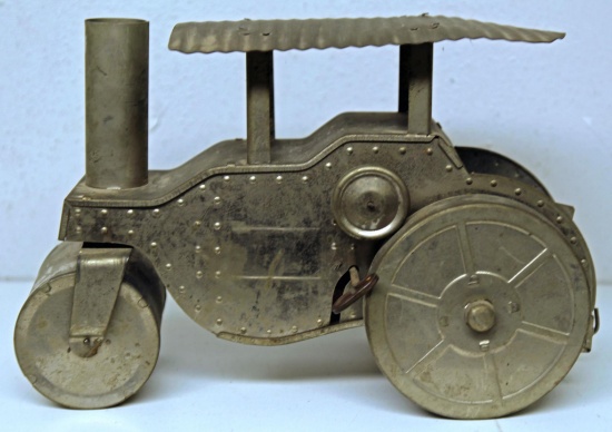Pressed Steel Toy Wind-up Steam Roller, 11" Long, Wound Tight, Doesn't Run