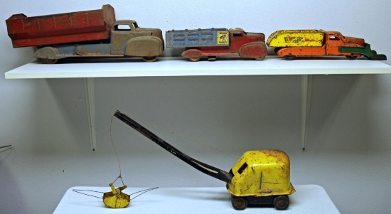 Lot of (4) Antique Pressed Steel Toys for Restoration - Unmarked 20 1/2" Dump Truck, Marx 14" Stake