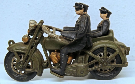 Hubley Cast Iron Motorcycle Cop w/Side Car, 9" Long, Restored Paint