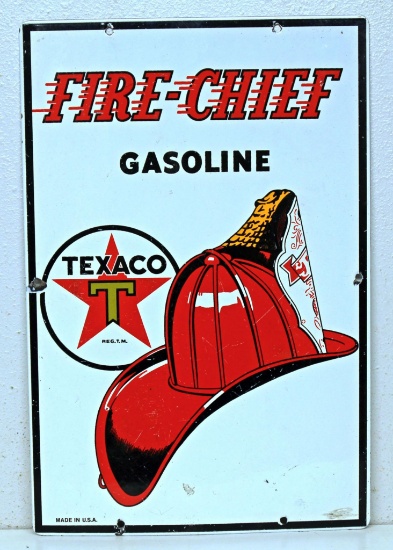 Porcelain Texaco Fire-Chief Gasoline Advertising Pump Sign, 12" x 18"