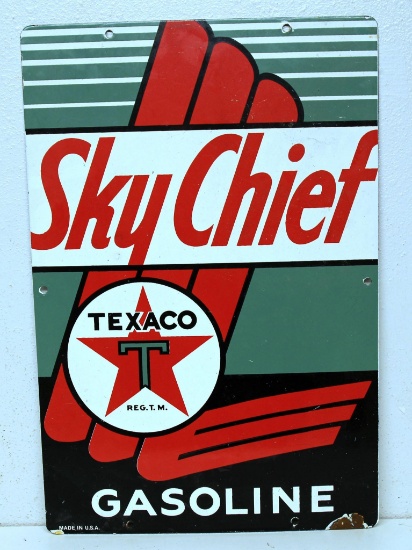 Porcelain Texaco Sky Chief Gasoline Advertising Gas Pump Sign, 12" x 18"