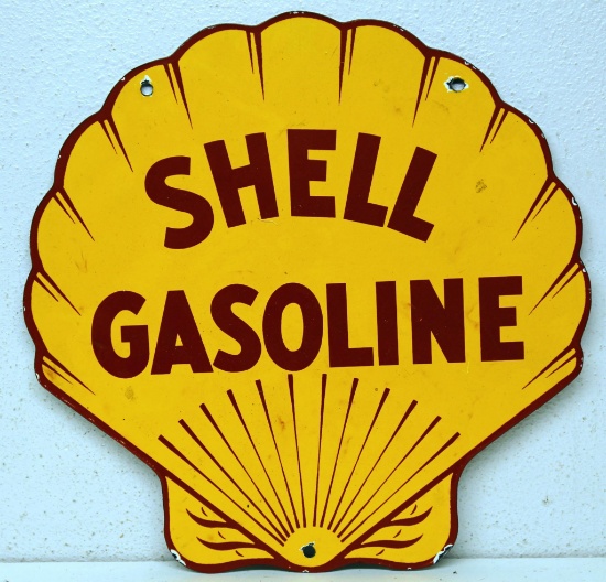 Porcelain Shell Gasoline Advertising Pump Sign, 11 7/8" x 11 7/8"